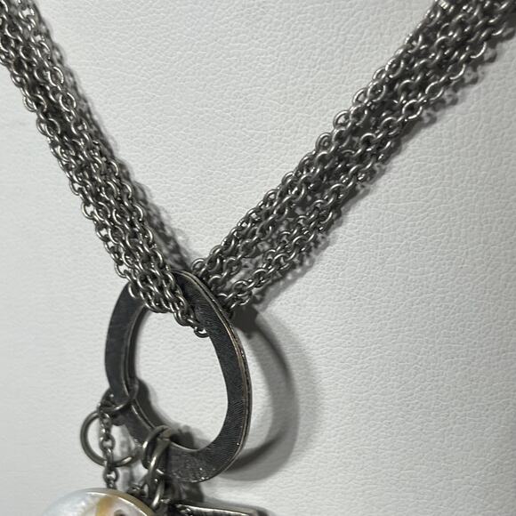 Chico's pendant necklace burnished silver tone with shell pendant chain link 16" - Picture 3 of 13